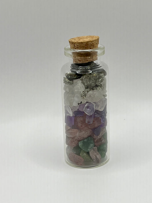 All Purpose Manifestation/Good Luck Crystal Chip Jar! Green Aventurine, Strawberry Quartz, Amethyst, Clear Quartz, Pyrite, Golden Obsidian