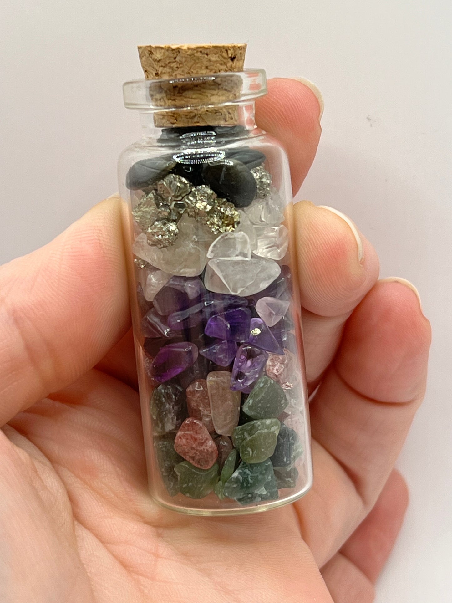 All Purpose Manifestation/Good Luck Crystal Chip Jar! Green Aventurine, Strawberry Quartz, Amethyst, Clear Quartz, Pyrite, Golden Obsidian