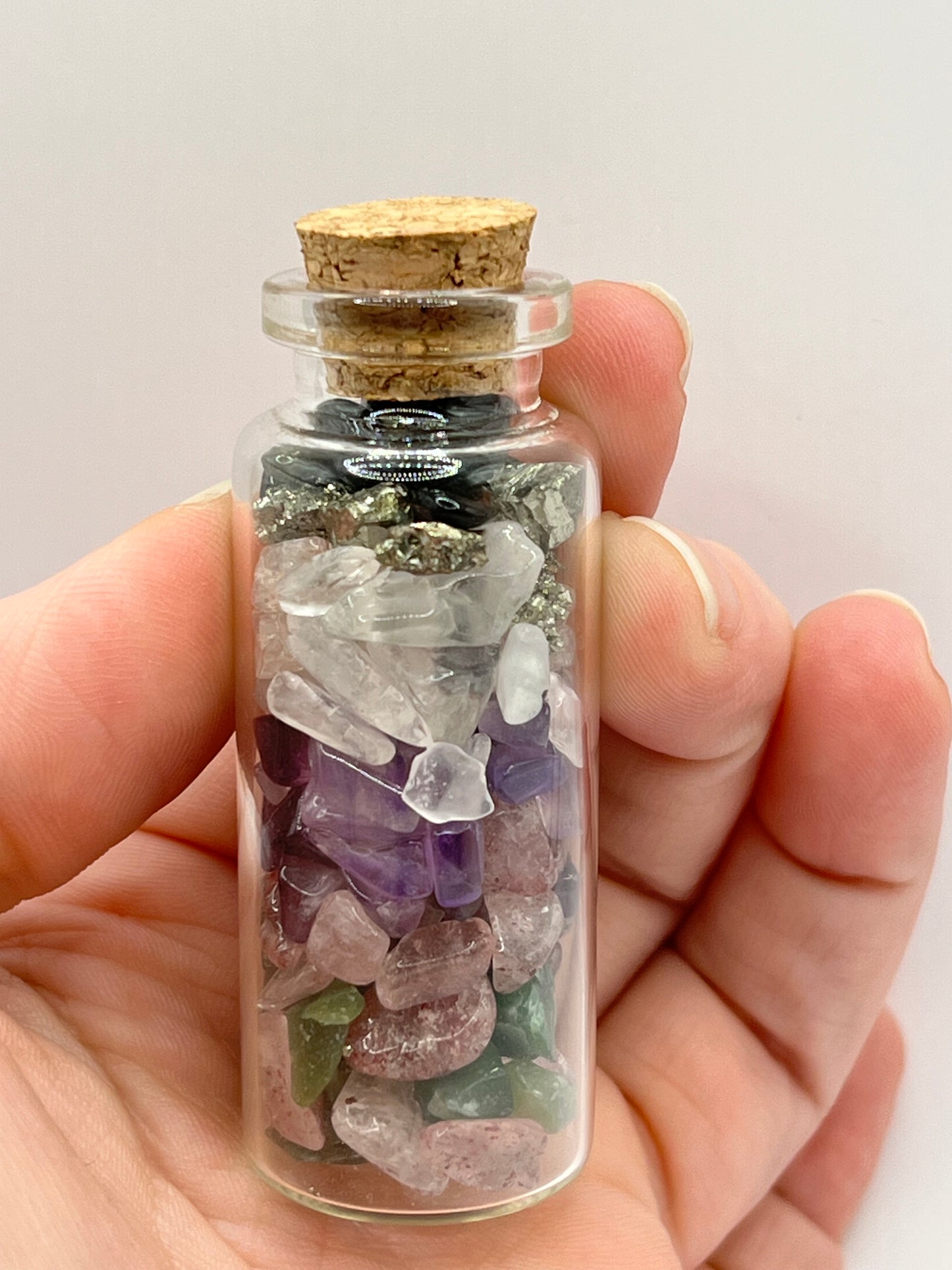 All Purpose Manifestation/Good Luck Crystal Chip Jar! Green Aventurine, Strawberry Quartz, Amethyst, Clear Quartz, Pyrite, Golden Obsidian